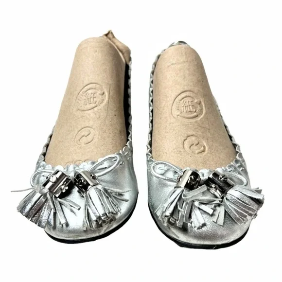 Tory Burch Reese Metallic Silver Leather Scrunch Tassel Ballet Flats Size 7 - Picture 11 of 16